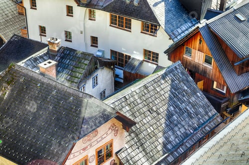 Preview: Views over roofs of the lake and Hallstatter and Hallstatt Lutheran Church, Austria