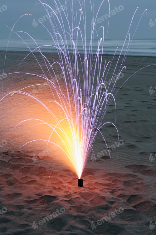 Preview: Long exposure of fireworks being let off on the sand at the beach, Long Beach Peninsula
