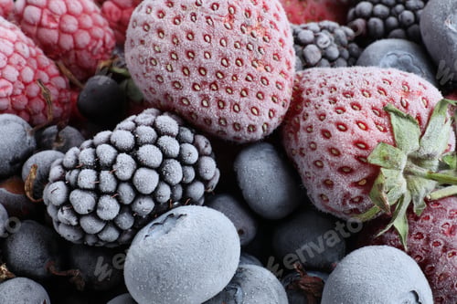 Preview: Mix of different frozen berries as background, top view