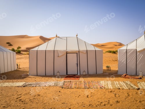 Preview: White Berber tents in the Sahara Desert, Morocco with carpets on the sandy ground