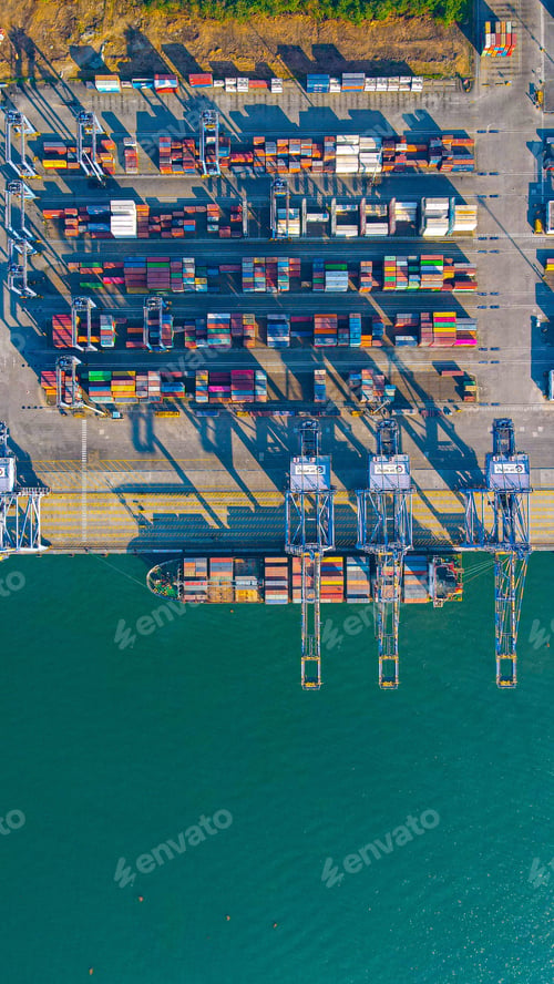 Preview: Vertical top view of ISO containers for cargo on a ship in Kochi, the coastal line of Kerala, India