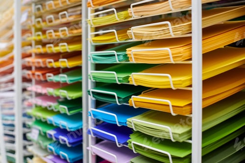 Preview: Colorful art papers on shelf display in stationery store