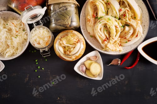 Preview: Cabbage kimchi, tomatoes marinated, sauerkraut sour glass jars over rustic kitchen table.