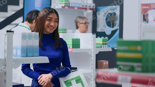 Preview: Smiling client amidst drugstoreshelves