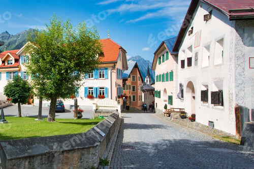 Preview: Small street of houses in Swiss Alpine village
