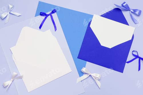 Preview: Composition with envelopes and blank cards. Invitation to celebration, handwritten response to gift