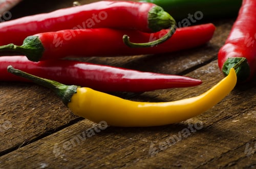 Preview: Chilli peppers, wood table, background