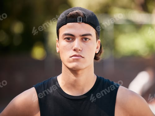 Preview: Fitness, basketball and portrait of an athlete on a court for a match, workout or training. Health,