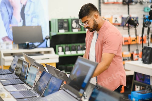 Preview: A young man stands behind his laptop at the electronics store.