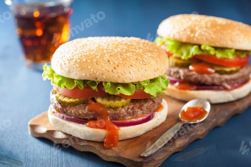 Preview: burger with beef patty lettuce onion tomato ketchup