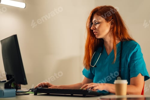 Preview: Focused doctor typing on a computer in a well-equipped medical office.