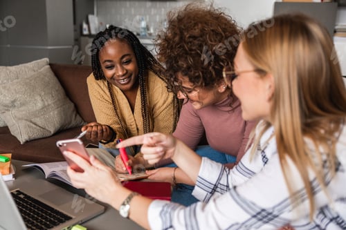 Preview: Diverse group female students learning at home using laptop and books for research.