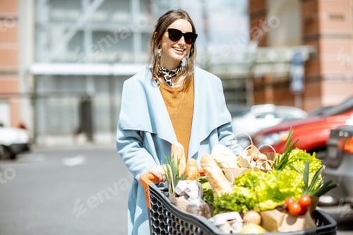 Preview: Woman with shopping cart full of food outdooors