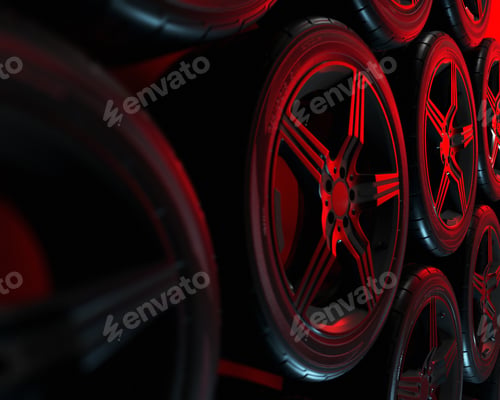 Preview: Car wheels set on red background. Poster design. Stack. 3d illustration.