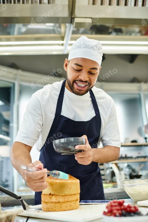 Preview: young joyful african american chef in apron and toque using silicone brush on cake, confectionery