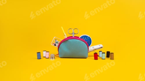 Preview: Banner on the theme of needlework. Items needed for sewing. Scissors, threads, bag, needles.