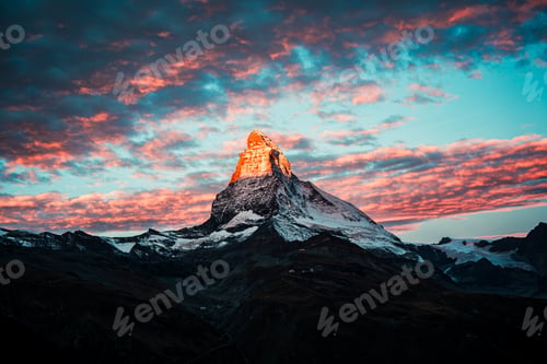 Preview: Matterhorn iconic mountain with colorful sky in the morning at Zermatt, Switzerland