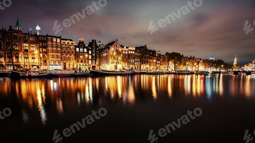 Preview: Beautiful night in Amsterdam. illumination of buildings an