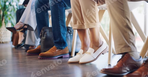 Preview: Feet, business group and job interview with nervous worker in waiting room and office. Excited, sho