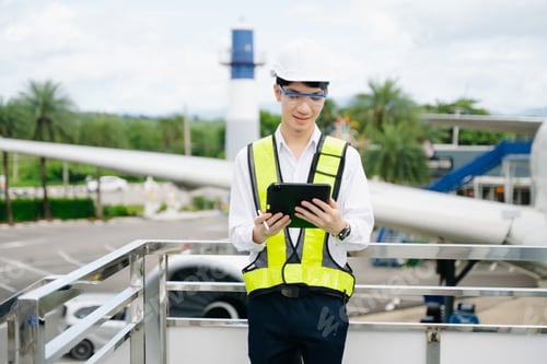 Preview: Aviation engineer inspects airplane for safety compliance. Professional aerospace technician at work