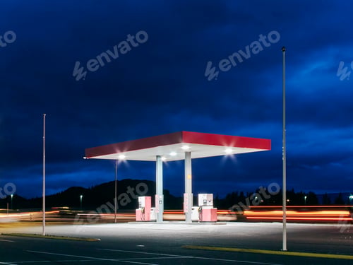 Preview: Empty floodlit gas station at night, Hof, Iceland