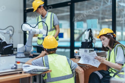 Preview: Trainees programing robotic arm in practical lesson at robotics academy, focusing on hands-on skills