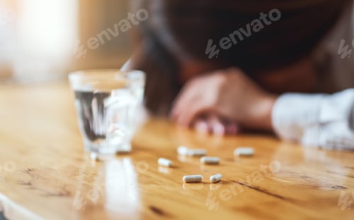 Preview: Closeup image of a sick woman sleep on table with white pills and a glass of water