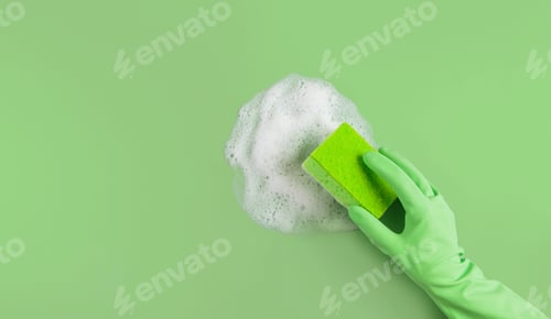 Preview: Hand in green rubber glove holding washing sponge