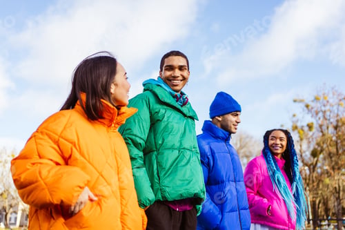 Preview: Multiracial group of young friends meeting outdoors in winter