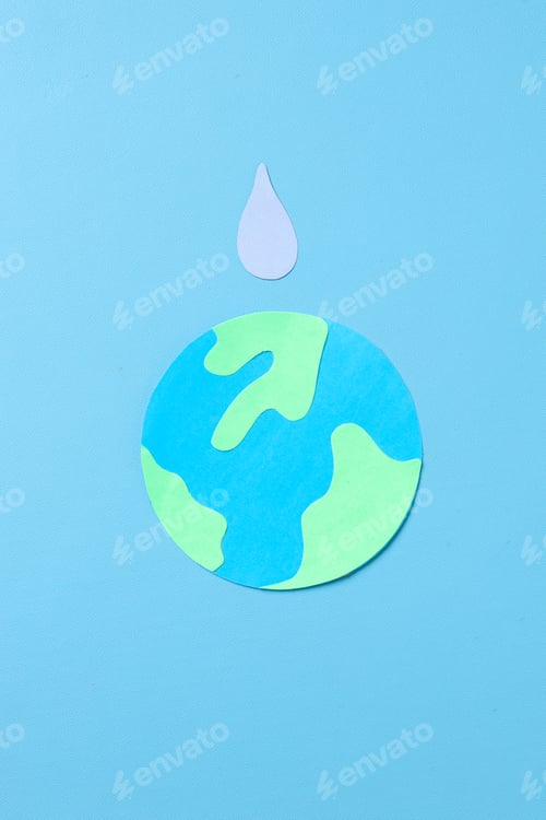 Preview: Paper Earth with Water Drop on Blue Background