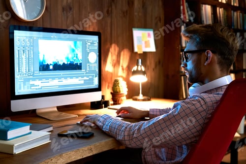 Vorschau: Männlicher Videofilmer, der visuelle Inhalte von Videomaterial am Computer bearbeitet.