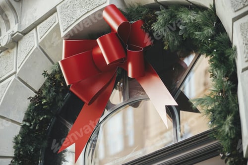Preview: Stylish christmas big bow and fir branches on building exterior. Modern christmas decor in street