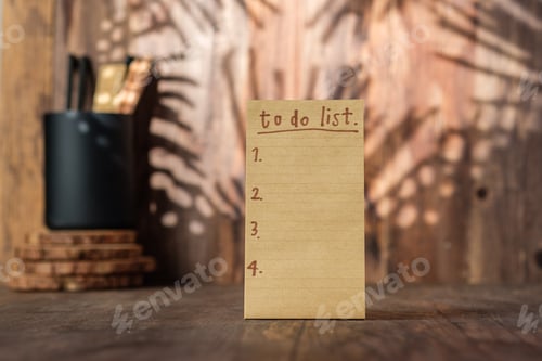 Preview: brown note paper to do list on wood wall and pencil box with sunlight