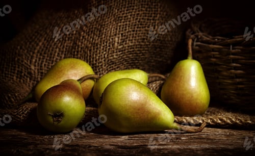 Preview: Fresh green pears and burlap background still life