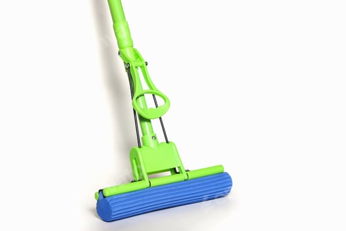Preview: Green MOP with blue microfiber cloth isolated on white background in close-up