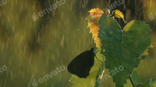 Preview: Green leaf with raindrops in the summer in nature swaying in the wind. Creative. Summer rain falling