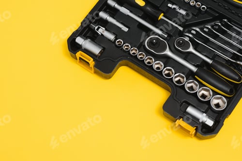 Preview: Box with set of tools for car repair, closeup.