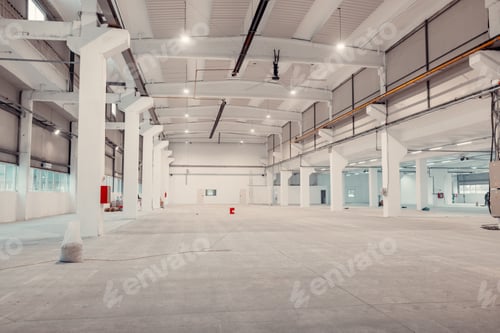 Preview: Interior of a New Industrial Building Under Work. Heat and Ventilation Pipes