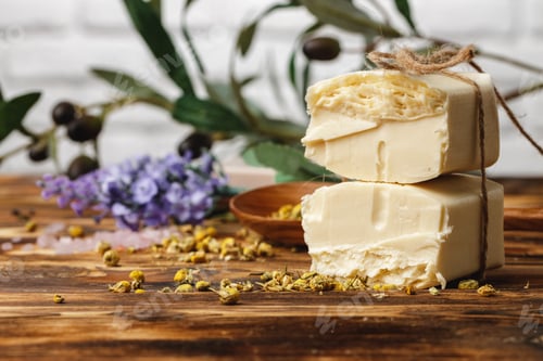 Preview: Natural handmade soap bars with flowers, close up