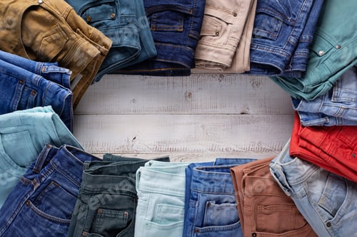 Preview: Denim jeans on old wooden background texture table surface