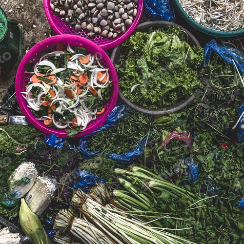 Preview: Top view on a large assortment of row loose vegetables and fruit