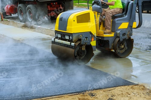 Preview: Asphalting construction works with commercial repair equipment road parking for the car with roller