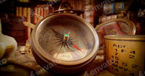 Preview: Vintage style travel and adventure. Vintage old compass and other vintage items on the table.