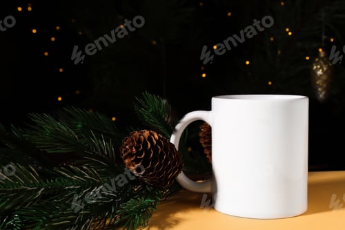 Preview: Mockup white ceramic cup for logo and inscription on a beige background with Christmas decor