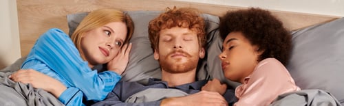 Preview: love triangle, polyamorous relationship, polygamy, three adults sleeping together, redhead man and