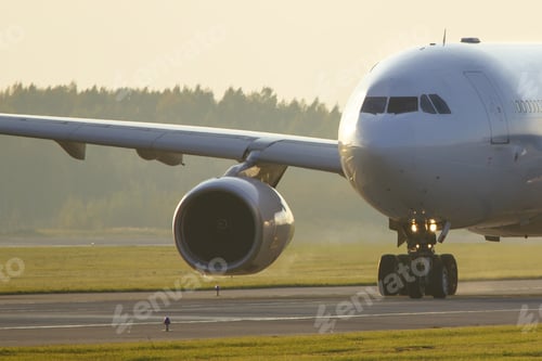 Preview: Closeup of wide-body passenger plane taxiing on the runway, during sunset. Airplane turns on runway