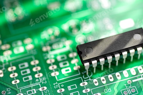 Preview: DIP package IC microchip on a green printed circuit board.