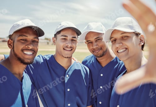 Preview: Baseball, selfie and team on a field for a game, training or exercise. Face portrait of young, happ