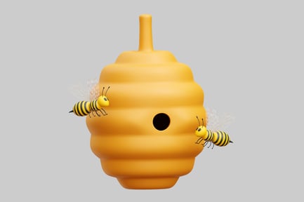 Preview: Yellow Beehive With Two Bees Flying Around It