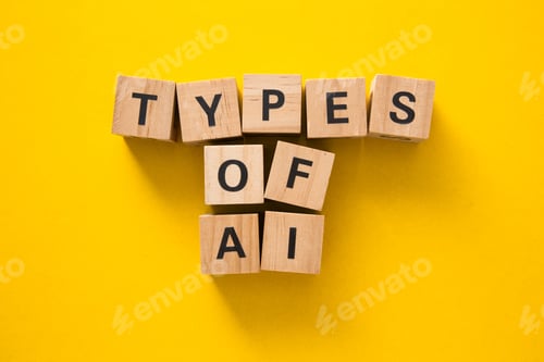 Preview: Types of ai written with wooden cubes on yellow background